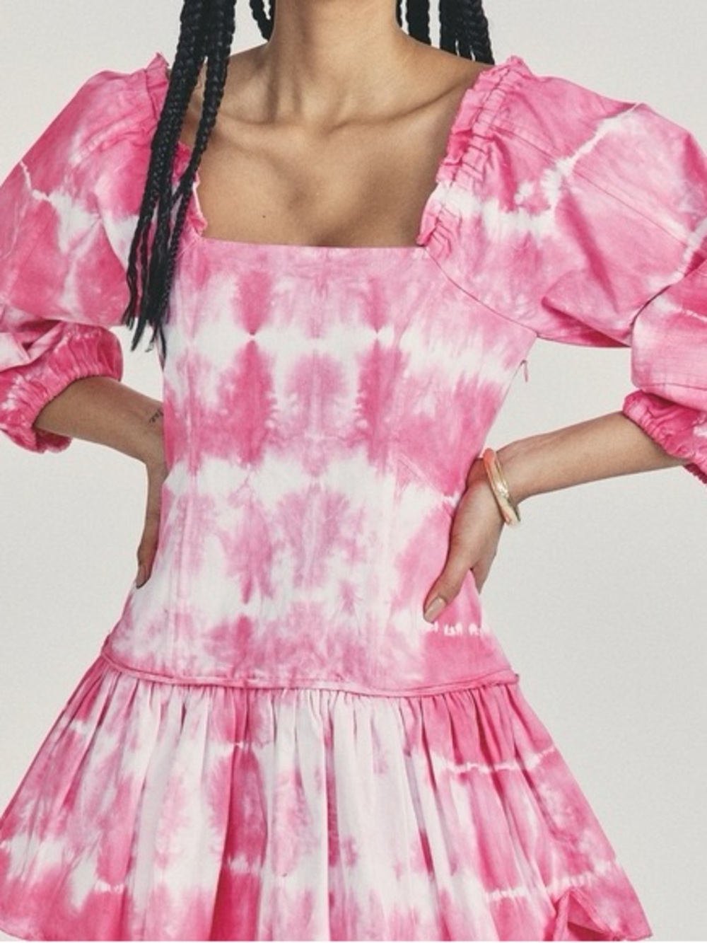 LoveShackFancy Pink and White Tie-Dye Puff-Sleeve Mini Dress